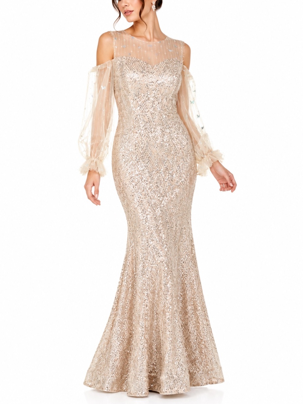 Elegant Champagne Sequin Mermaid Gown with Sheer Puff Sleeves- XS